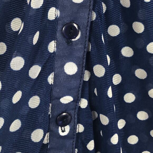 Eden & Olivia Sheer 3/4 Sleeve Dotted Polka Dot Blue & White Button Up Blouse - Picture 6 of 11